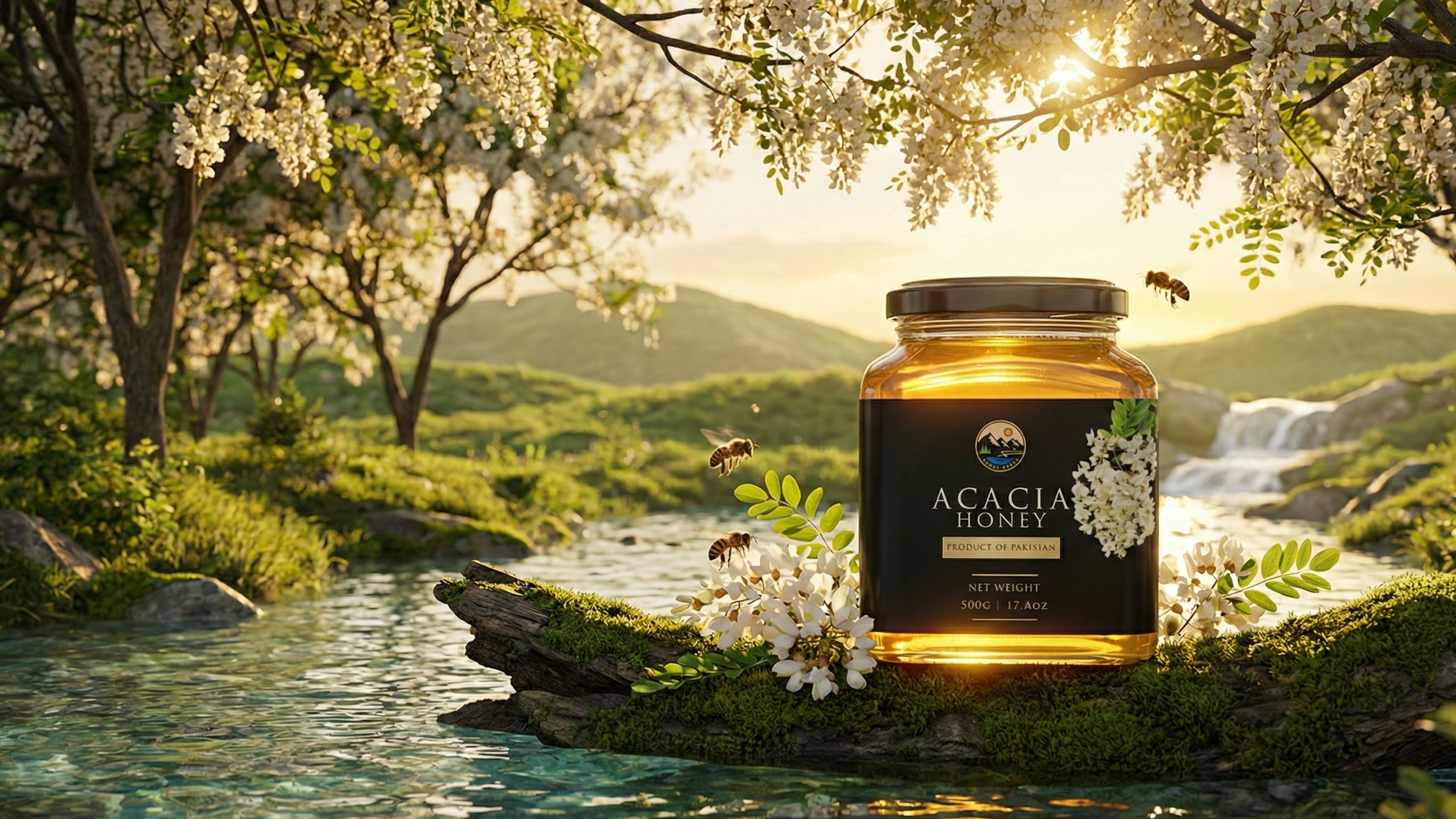 Acacia Honey 500g with nature background