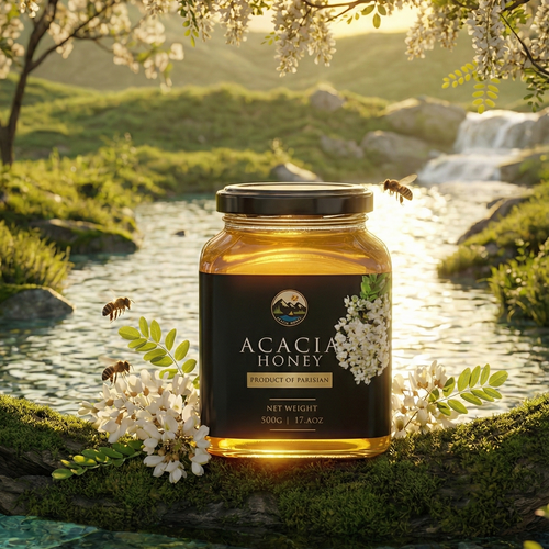 Acacia Honey 500g with nature bg Square